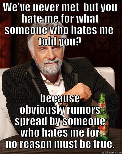 WE'VE NEVER MET  BUT YOU HATE ME FOR WHAT SOMEONE WHO HATES ME  TOLD YOU? BECAUSE OBVIOUSLY RUMORS SPREAD BY SOMEONE WHO HATES ME FOR NO REASON MUST BE TRUE. The Most Interesting Man In The World
