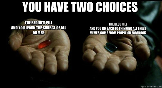 You have two choices The red[dit] Pill
and you learn the source of all memes The blue pill
and you go back to thinking all these memes come from people on facebook  Matrix