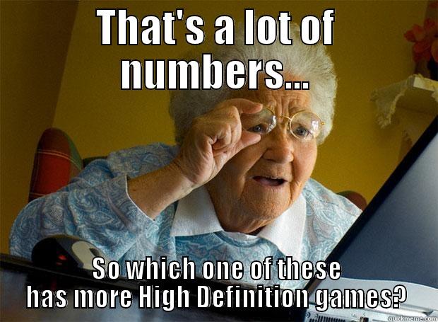 THAT'S A LOT OF NUMBERS... SO WHICH ONE OF THESE HAS MORE HIGH DEFINITION GAMES? Grandma finds the Internet