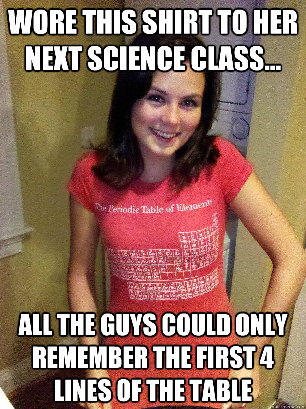 Wore this shirt to her next science class... all the guys could only remember the first 4 lines of the table  Needy Reddit Girl