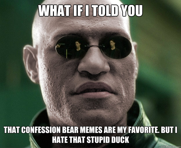 What if i told you That confession bear memes are my favorite. but i hate that stupid duck  White Morphius
