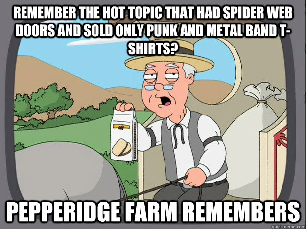 remember the hot topic that had spider web doors and sold only punk and metal band t-shirts? Pepperidge farm remembers   Pepperidge Farm Remembers