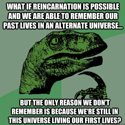 What if reincarnation is possible and we are able to remember our past lives in an alternate universe... but the only reason we don't remember is because we're still in this universe living our first lives? - What if reincarnation is possible and we are able to remember our past lives in an alternate universe... but the only reason we don't remember is because we're still in this universe living our first lives?  Misc