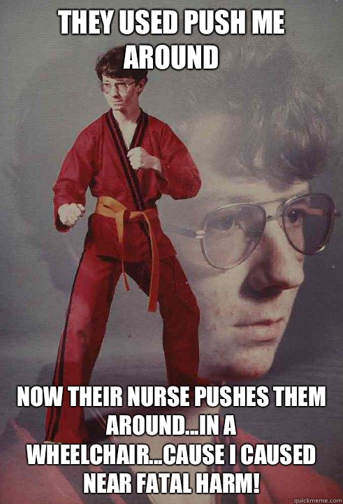 They used push me around Now their nurse pushes them around...in a wheelchair...cause I caused near fatal harm!  Karate Kyle