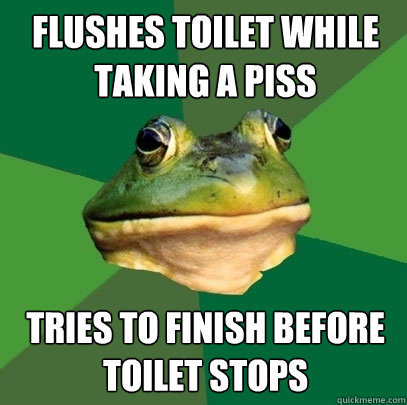 flushes Toilet while taking a piss tries to finish before toilet stops   Foul Bachelor Frog