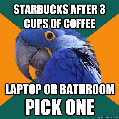 Starbucks after 3 cups of coffee Laptop or Bathroom Pick one  Paranoid Parrot