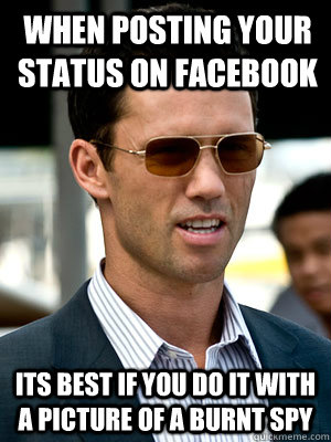 When posting your status on facebook its best if you do it with a picture of a burnt spy - When posting your status on facebook its best if you do it with a picture of a burnt spy  Michael Westen