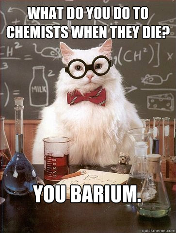 What do you do to chemists when they die? You barium.  Science Cat