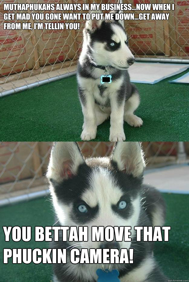 Muthaphukahs always in my business...now when i get mad you gone want to put me down...get away from me, i'm tellin you! You bettah move that phuckin camera!  Insanity puppy
