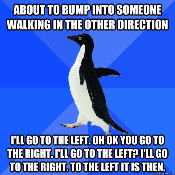 about to bump into someone walking in the other direction i'll go to the left. oh ok you go to the right. I'll go to the left? I'll go to the right. To the left it is then.  Socially Awkward Penguin