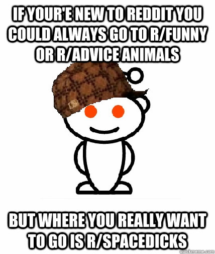 if your'e new to reddit you could always go to r/funny or r/advice animals but where you really want to go is r/spacedicks  Scumbag Redditor