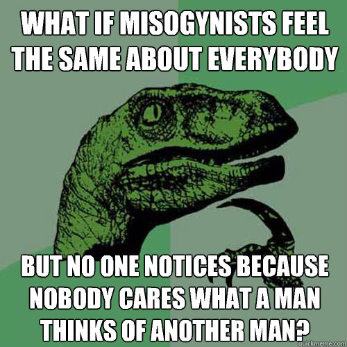 What if misogynists feel the same about everybody But no one notices because nobody cares what a man thinks of another man? - What if misogynists feel the same about everybody But no one notices because nobody cares what a man thinks of another man?  Philosoraptor