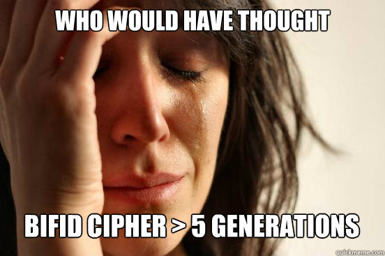 who would have thought
 Bifid Cipher > 5 generations Caption 3 goes here  First World Problems