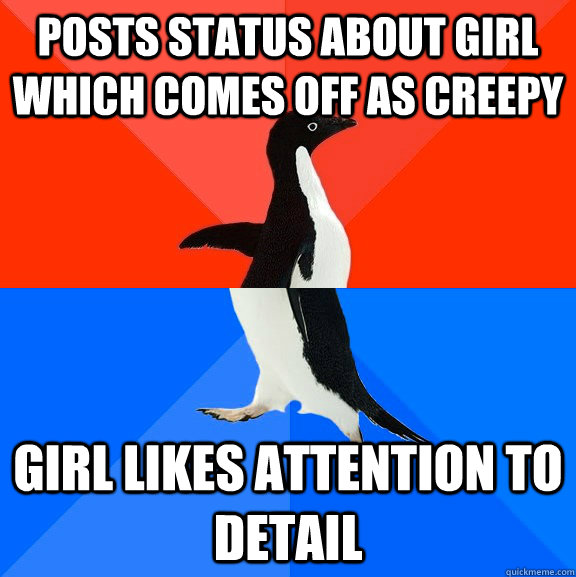 posts status about girl which comes off as creepy girl likes attention to detail  Socially Awesome Awkward Penguin
