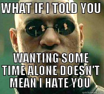 Now to get my girlfriend to understand this - WHAT IF I TOLD YOU  WANTING SOME TIME ALONE DOESN'T MEAN I HATE YOU  Matrix Morpheus