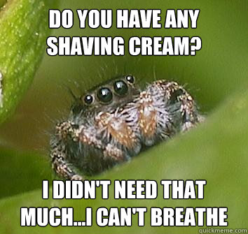 dO YOU HAVE ANY SHAVING CREAM? i didn't need that much...i can't breathe - dO YOU HAVE ANY SHAVING CREAM? i didn't need that much...i can't breathe  Misunderstood Spider
