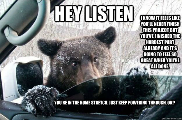HEY LISTEN I know it feels like you'll never finish this project but you've finished the hardest part already and it's going to feel so great when you're all done. You're in the home stretch. just keep powering through, ok?  Pep Talk Bear