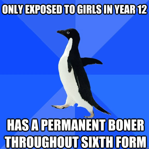 Only exposed to girls in year 12 Has a permanent boner throughout sixth form    Socially Awkward Penguin