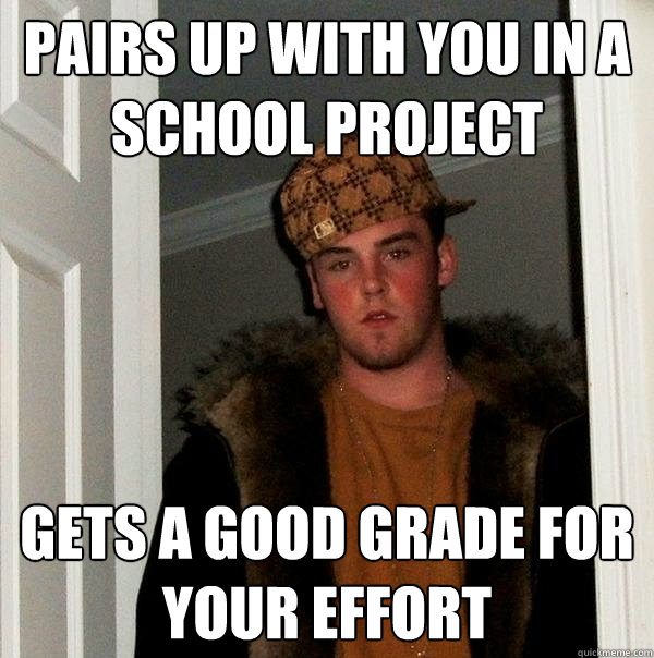 Pairs up with you in a school project Gets a good grade for your effort  Scumbag Steve