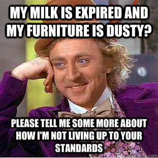 my milk is expired and my furniture is dusty? please tell me some more about how I'm not living up to your standards - my milk is expired and my furniture is dusty? please tell me some more about how I'm not living up to your standards  Misc