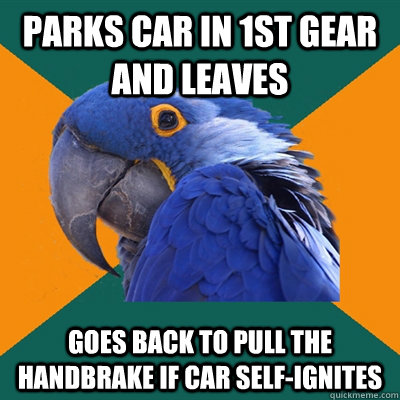 parks car in 1st gear and leaves Goes back to pull the handbrake if car self-ignites  Paranoid Parrot