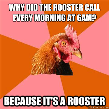 Why did the rooster call every morning at 6am? Because it's a rooster  Anti-Joke Chicken