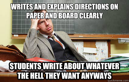 Writes and explains directions on paper and board clearly  Students write about whatever the hell they want anyways  Overworked Teacher