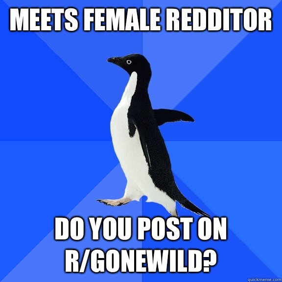 Meets female redditor Do you post on r/gonewild?  Socially Awkward Penguin