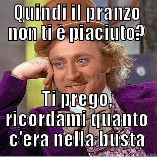 QUINDI IL PRANZO NON TI È PIACIUTO? TI PREGO, RICORDAMI QUANTO C'ERA NELLA BUSTA Creepy Wonka