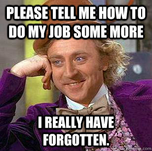 Please tell me how to do my job some more I really have forgotten.  Condescending Wonka