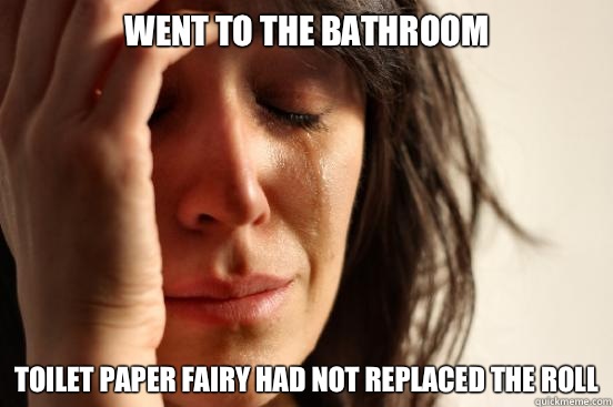 Went to the bathroom 
toilet paper fairy had not replaced the roll  First World Problems