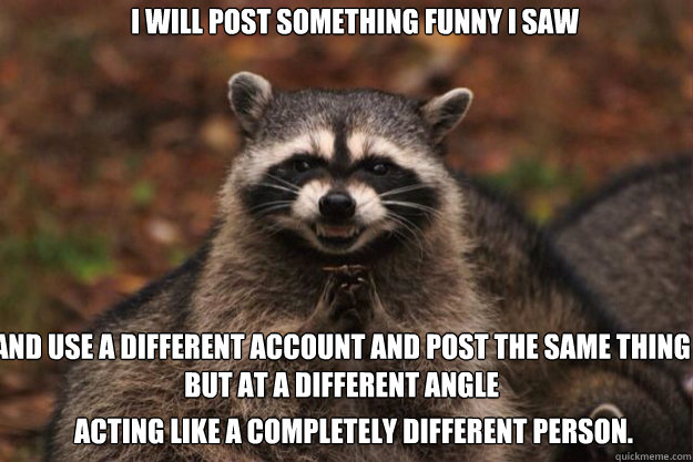 I WILL POST SOMETHING FUNNY I SAW  AND USE A DIFFERENT ACCOUNT AND POST THE SAME THING BUT AT A DIFFERENT ANGLE
 ACTING LIKE A COMPLETELY DIFFERENT PERSON.  evil racoon