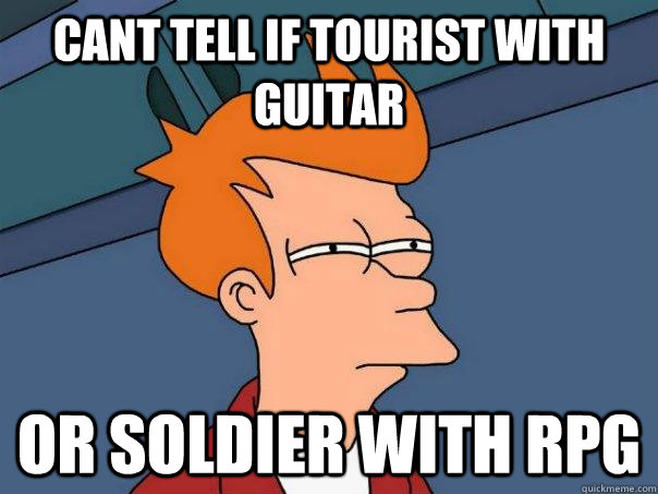 cant tell if tourist with guitar or soldier with RPG  Futurama Fry