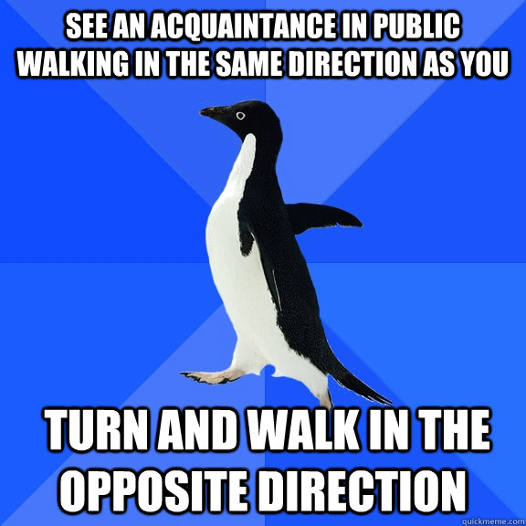 See an acquaintance in public walking in the same direction as you  Turn and walk in the opposite direction  Socially Awkward Penguin