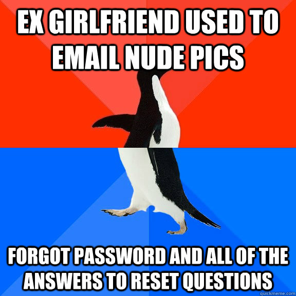 ex girlfriend used to email nude pics forgot password and all of the answers to reset questions  Socially Awesome Awkward Penguin