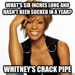 What's six inches long and hasn't been sucked in a year? Whitney's crack pipe - What's six inches long and hasn't been sucked in a year? Whitney's crack pipe  Whitney Hoe-stoner