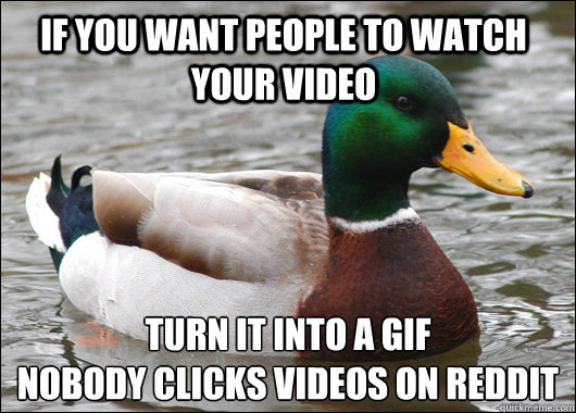 If you want people to watch your video turn it into a gif
nobody clicks videos on reddit - If you want people to watch your video turn it into a gif
nobody clicks videos on reddit  Actual Advice Mallard