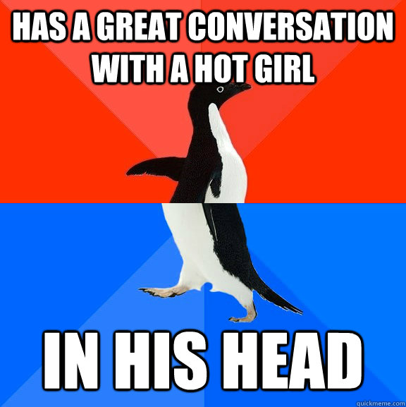 Has a great conversation with a hot girl in his head  socially awkward penguin socially awesome penguin