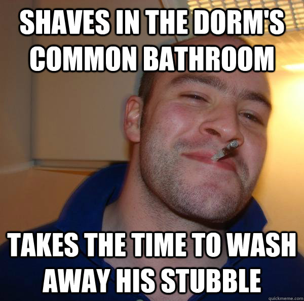 Shaves in the dorm's common bathroom takes the time to wash away his stubble - Shaves in the dorm's common bathroom takes the time to wash away his stubble  Misc