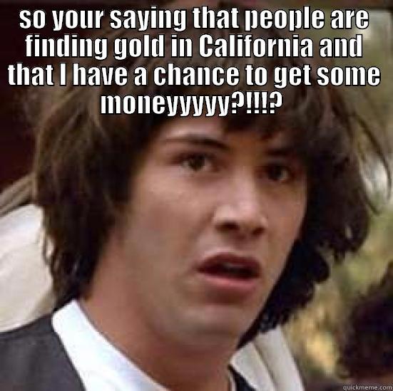 SO YOUR SAYING THAT PEOPLE ARE FINDING GOLD IN CALIFORNIA AND THAT I HAVE A CHANCE TO GET SOME MONEYYYYY?!!!?   conspiracy keanu