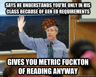 Says he understands you're only in his class because of Gen ed requirements Gives you metric fuckton of reading anyway  Scumbag Professor