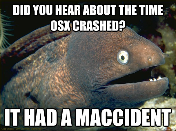 Did you hear about the time OSX crashed? It had a Maccident  Bad Joke Eel