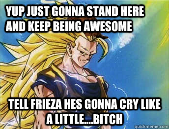 yup just gonna stand here and keep being awesome  tell frieza hes gonna cry like a little....BITCH  Scumbag SSJ3 Goku