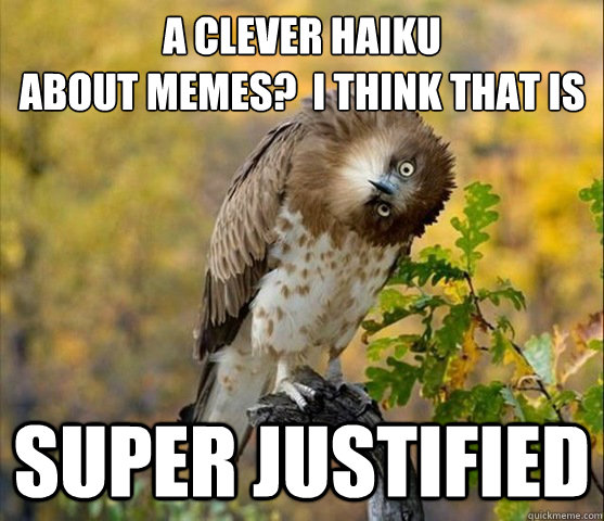 A clever haiku 
about memes?  I think that is super justified  Clever Haiku Owl