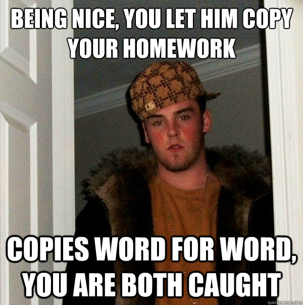 being nice, you let him copy your homework copies word for word, you are both caught - being nice, you let him copy your homework copies word for word, you are both caught  Scumbag Steve