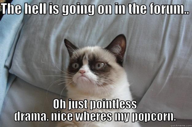 THE HELL IS GOING ON IN THE FORUM..  OH JUST POINTLESS DRAMA. NICE WHERES MY POPCORN. Grumpy Cat
