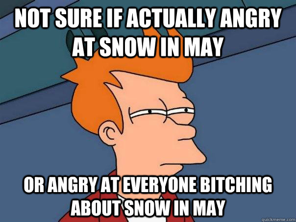 Not sure if actually angry at snow in May Or angry at everyone bitching about snow in May  Futurama Fry