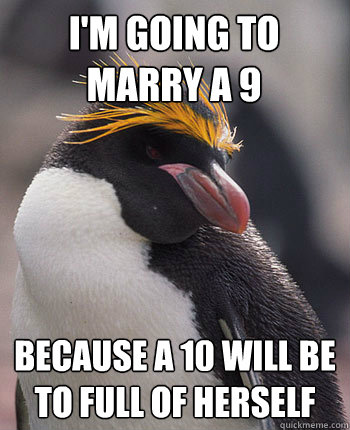 I'm going to marry a 9 because a 10 will be to full of herself  Socially Overconfident Penguin