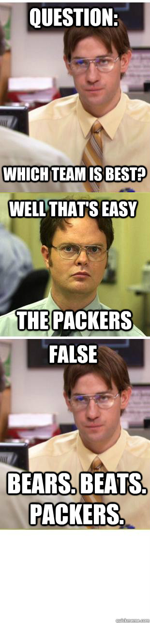 Question: Which team is best? Well that's easy The Packers False Bears. Beats. Packers.  Packers vs Bears