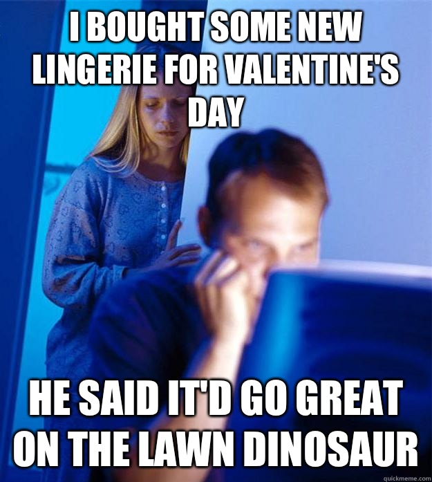 I bought some new lingerie for Valentine's Day He said it'd go great on the lawn dinosaur  Redditors Wife